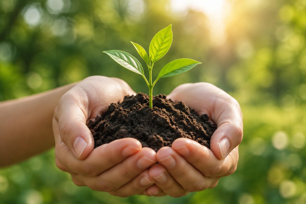 Hands cupping soil with a young seedling growing from it